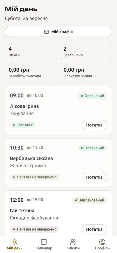 Мобільний екран майстра: список її візитів на сьогодні